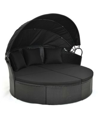 Patio Round Daybed with Retractable Canopy Rattan Sectional Seating