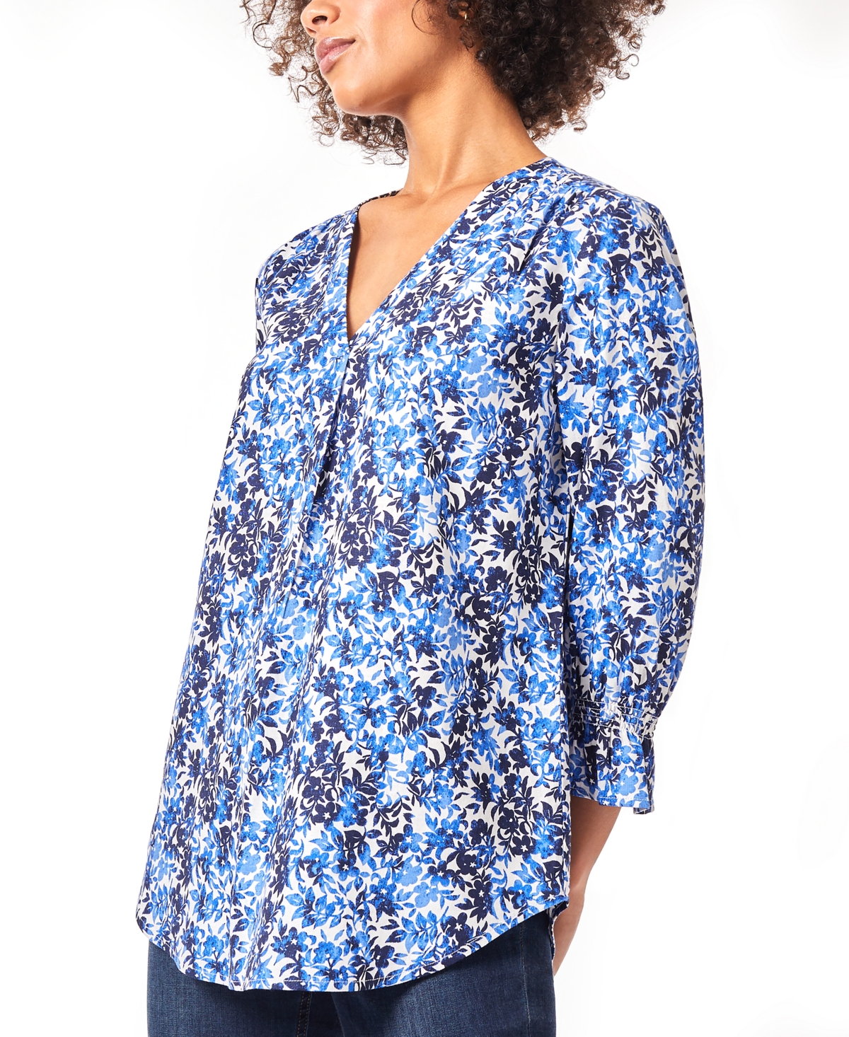 Jones New York Women's Floral-Print Smocked-Cuff Pleat-Front Top -Blue Horizon