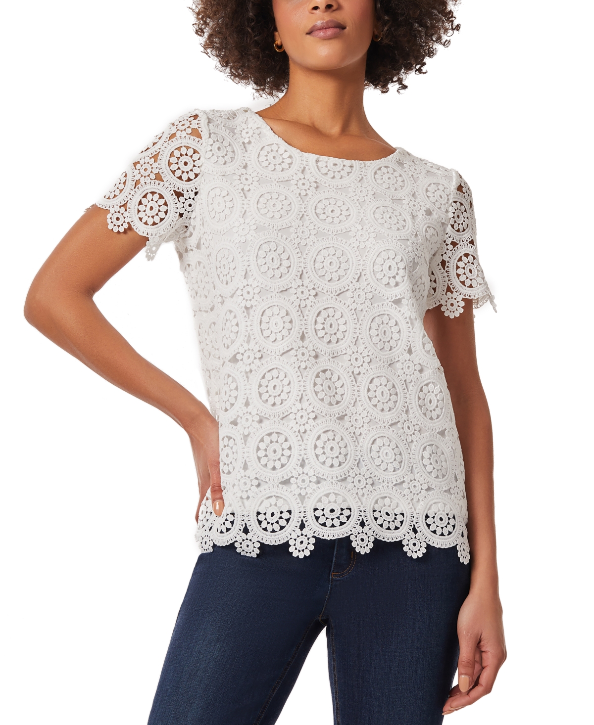 Women's Short-Sleeve Relaxed-Fit Lace Top - NYC White
