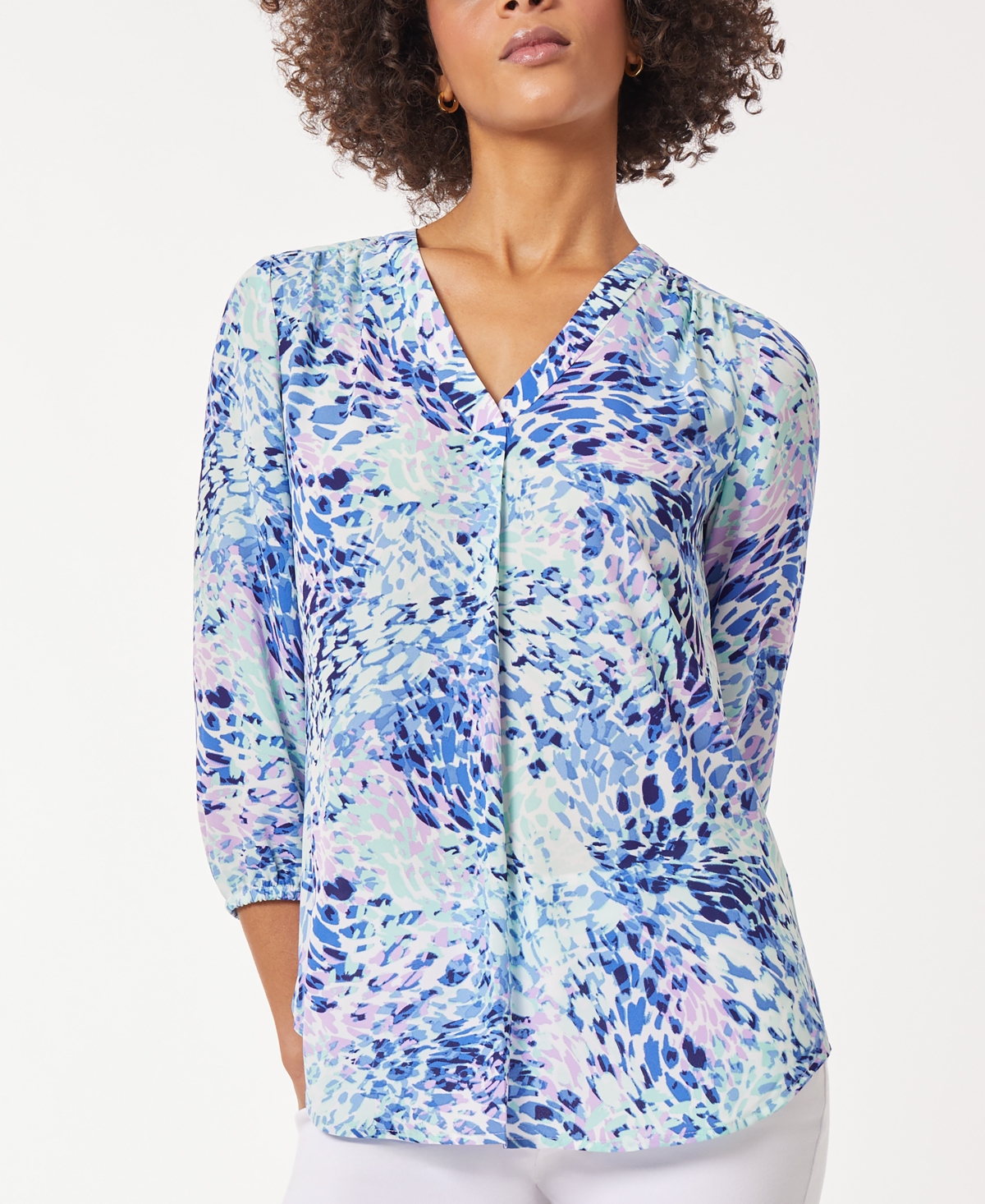 Shop Jones New York Women's Printed 3/4-sleeve V-neck Top In Nyc White,blue Horizon