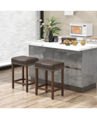 24" Upholstered Bar Stools Set of 2 with Footrests Rubberwood Frame Saddle-shaped