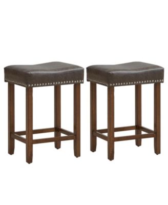 24" Upholstered Bar Stools Set of 2 with Footrests Rubberwood Frame Saddle-shaped