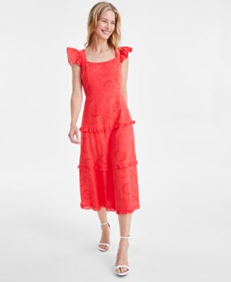 Anne Klein - Women's Cotton Scoop-Neck Flutter-Sleeve Dress
