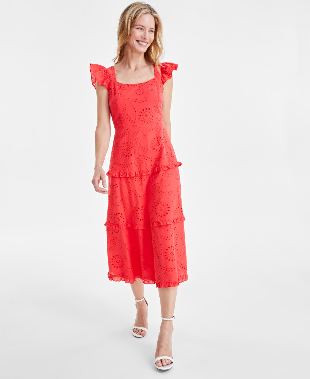 Women's Cotton Scoop-Neck Flutter-Sleeve Dress - Hibiscus R