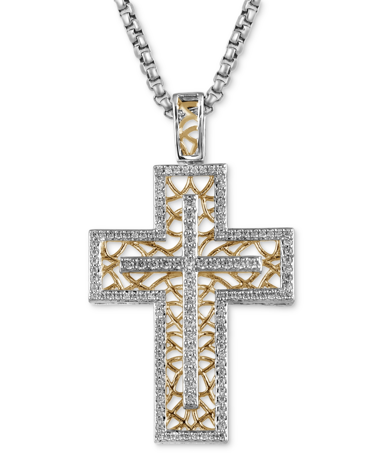 Men's Diamond Lattice Openwork Cross 22" Pendant Necklace (1/2 ct. t.w.) in Sterling Silver & 18k Gold-Plate - Gold Over Silver