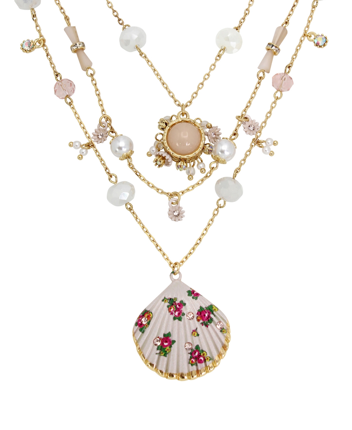 Shop Betsey Johnson Faux Stone Floral Shell Layered Necklace In White,gold