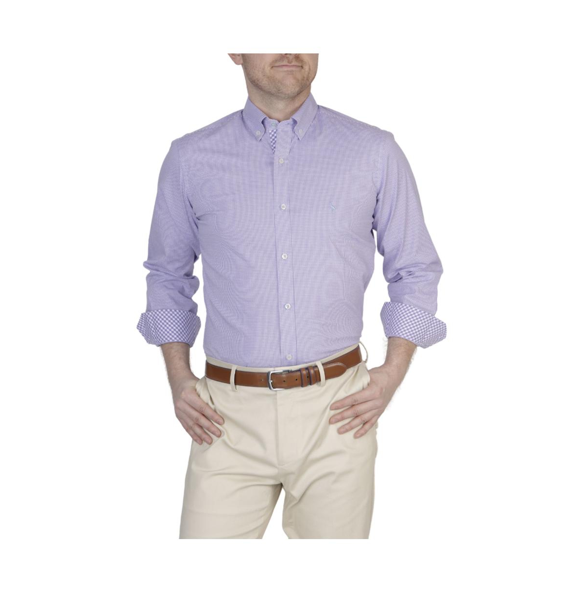 Men's Mini Gingham Cotton Stretch Long Sleeve Shirt - Lilac