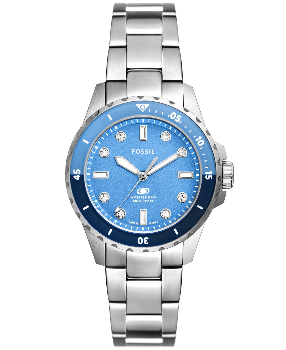 Shop Fossil Women's Blue Dive Three-hand Stainless Steel Watch 36mm In Silver-tone