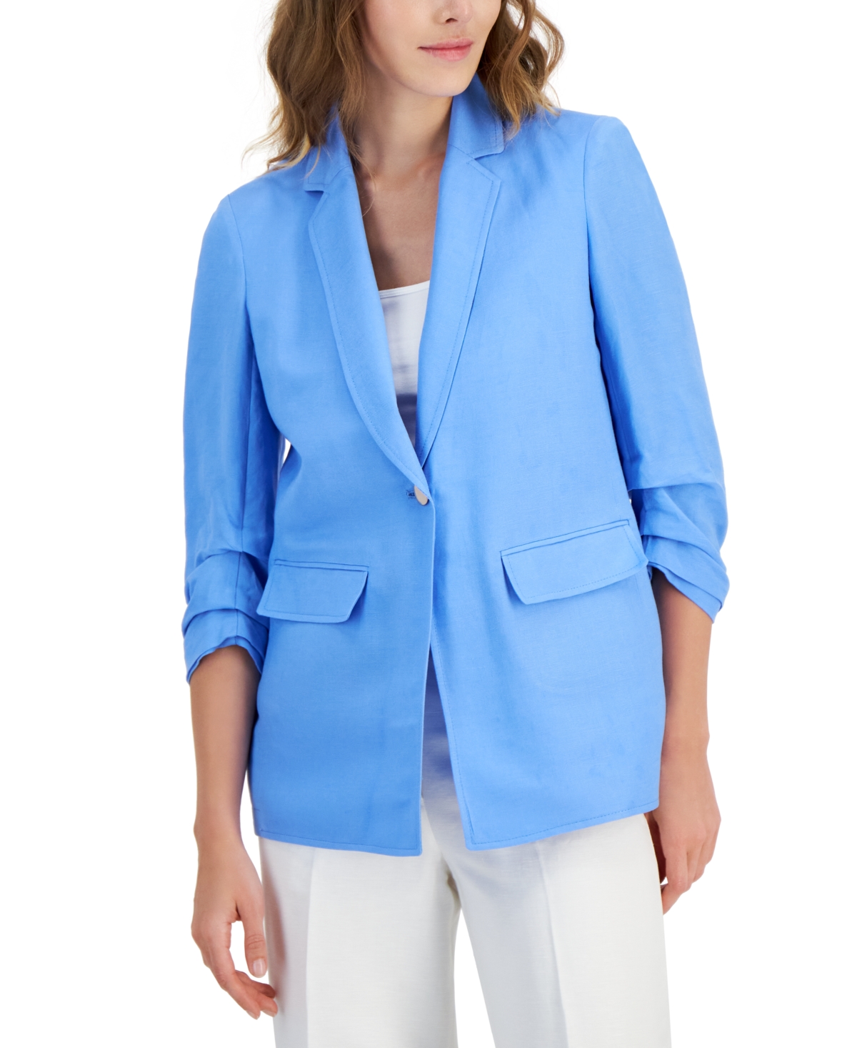 Shop Anne Klein Petite Linen Single-button Ruched-sleeve Jacket In Shore Blue
