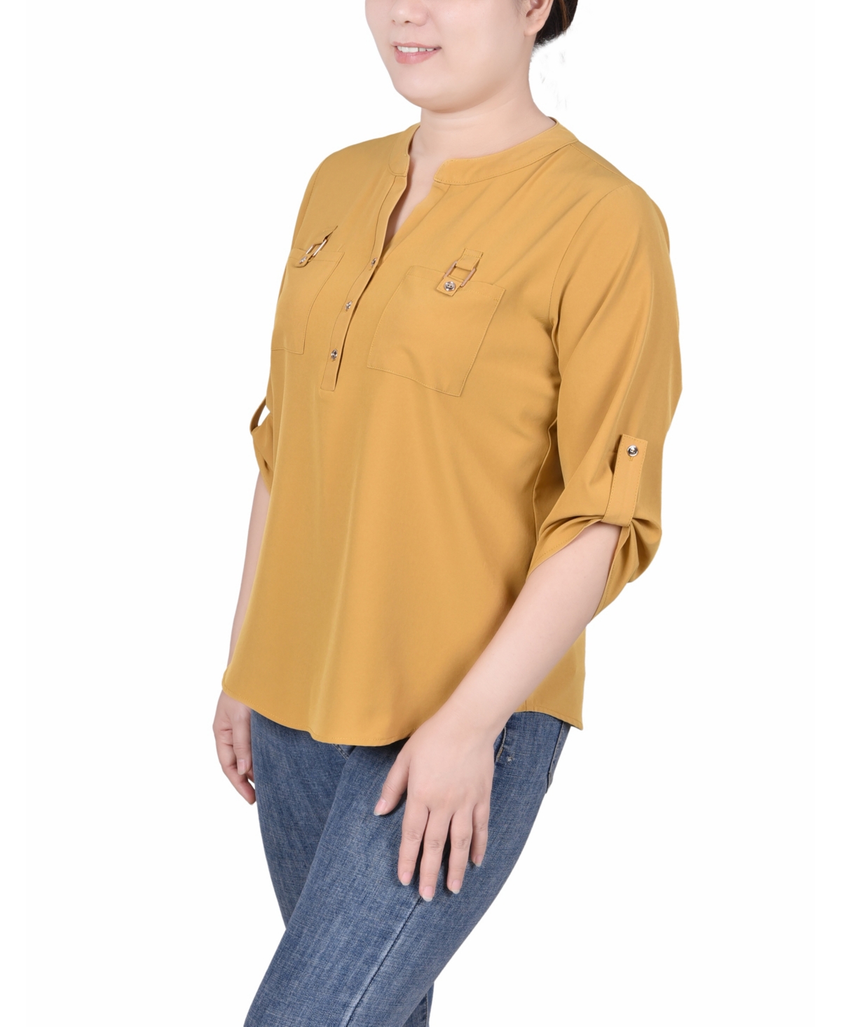 Ny Collection Women's 3/4 Tabbed Sleeve Y Neck Blouse