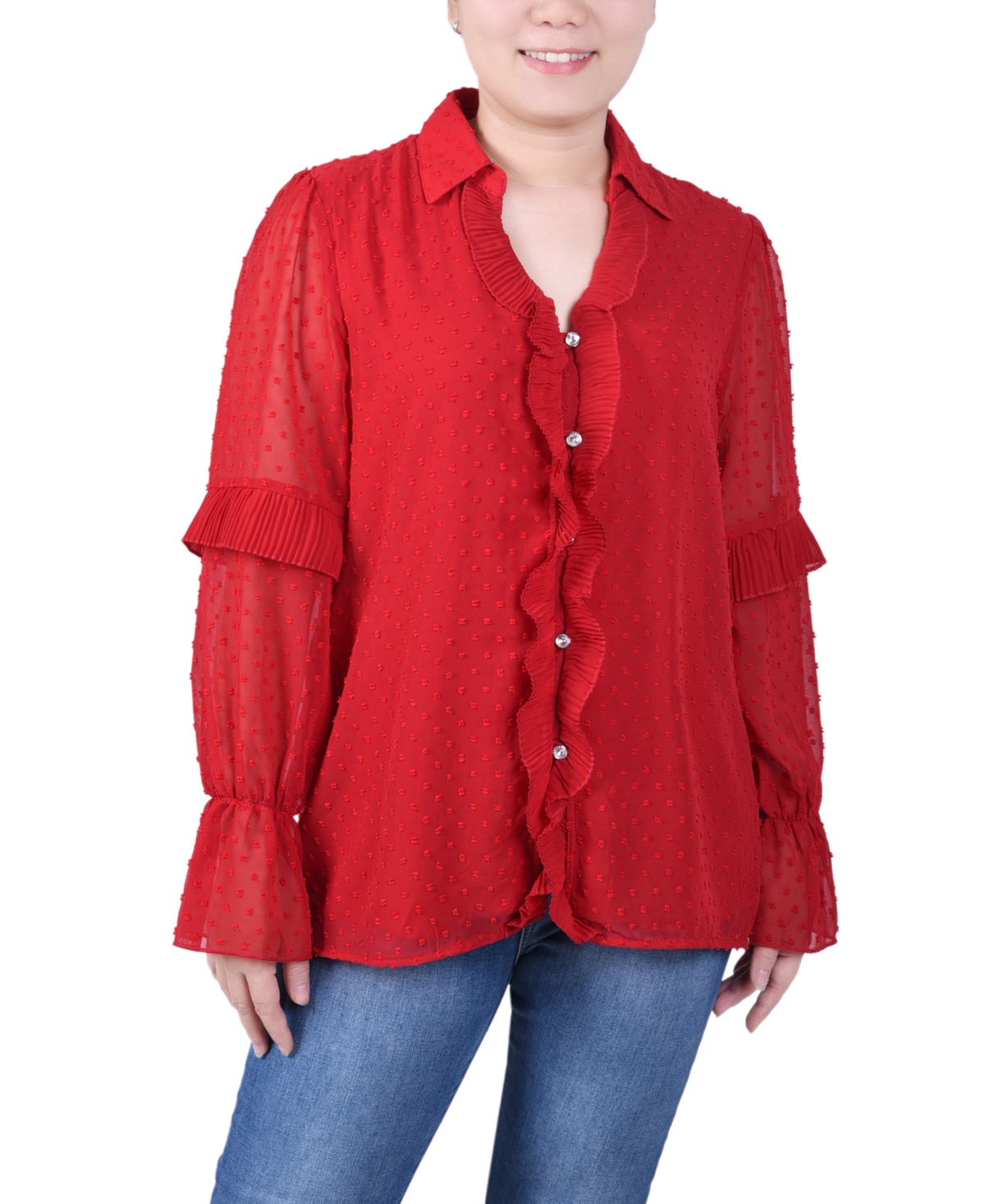 Women's Long Sleeve Dotted Chiffon Blouse - Red