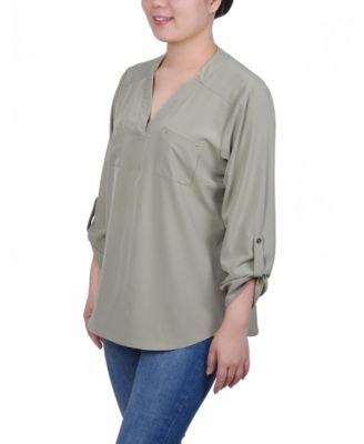 Women's Roll Tab Sleeve Blouse with Pockets