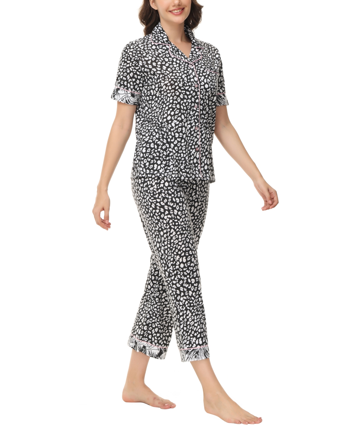 C. Wonder Women's Printed Short Sleeve Notch Collar with Pants 2 Pc. Pajama Set