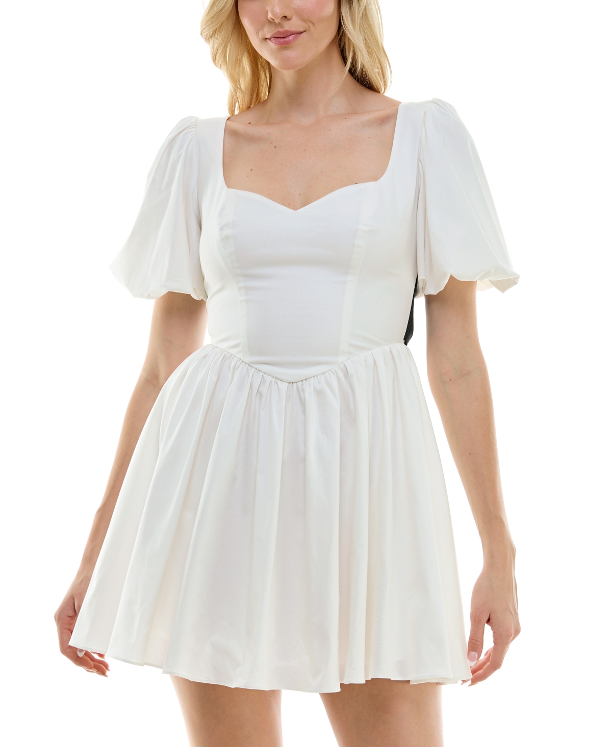 Juniors' Sweetheart-Neck Puff-Sleeve Fit & Flare Dress - White/blk