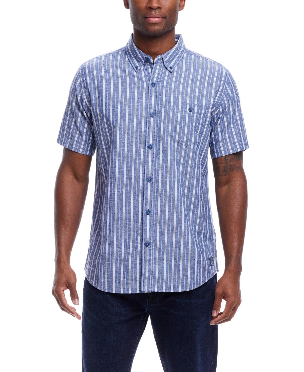 Men's Short Sleeve Striped Cotton Button Down Shirt - Monaco Blue
