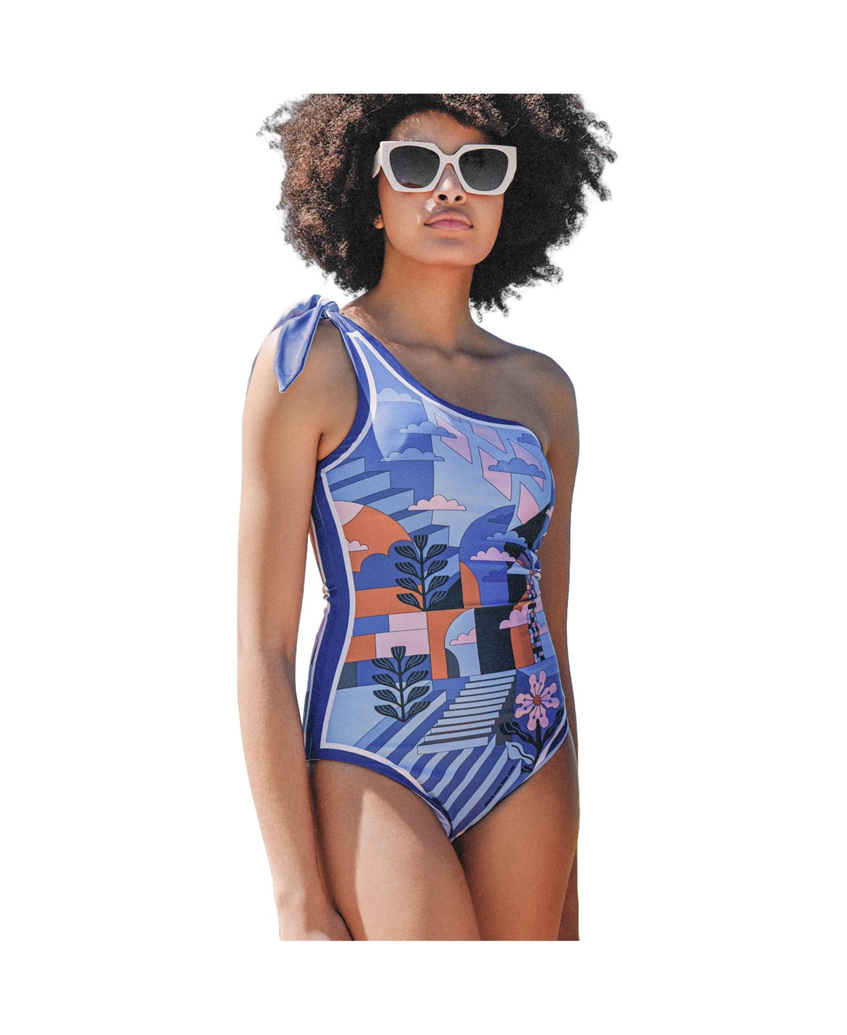 Blue Imagination Reversible One-Shoulder Swimsuit - Blue and brown