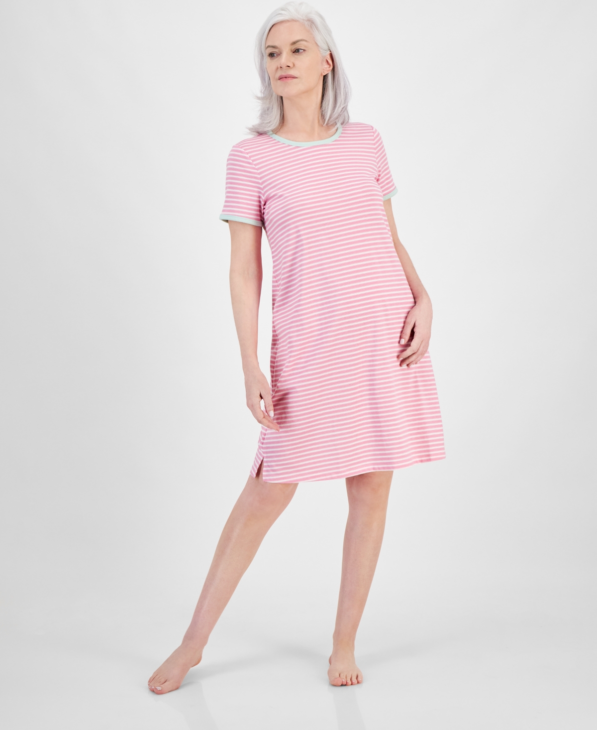 Shop Charter Club Women's Striped Short-sleeve Sleep Shirt, Created For Macy's In Spring Stripe Pink