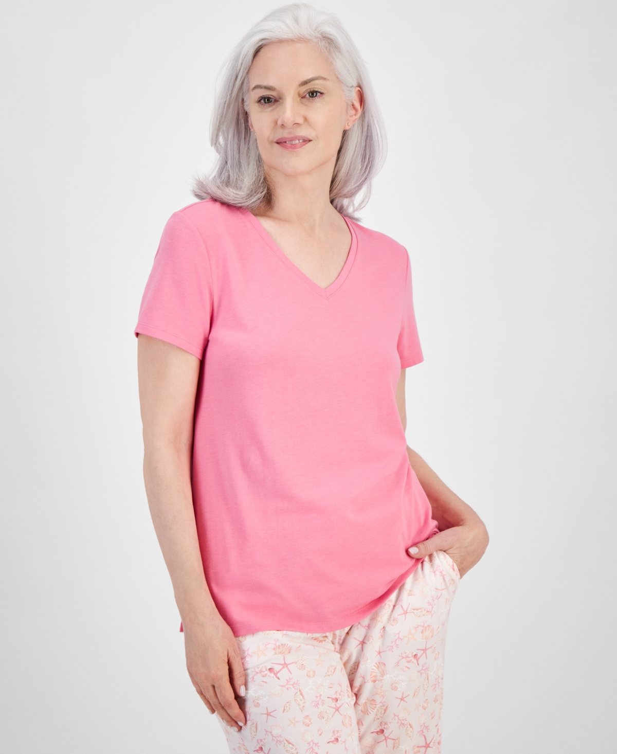 Shop Charter Club Women's Solid V-neck Short-sleeve Sleepwear Top, Created For Macy's In Pink Taffy