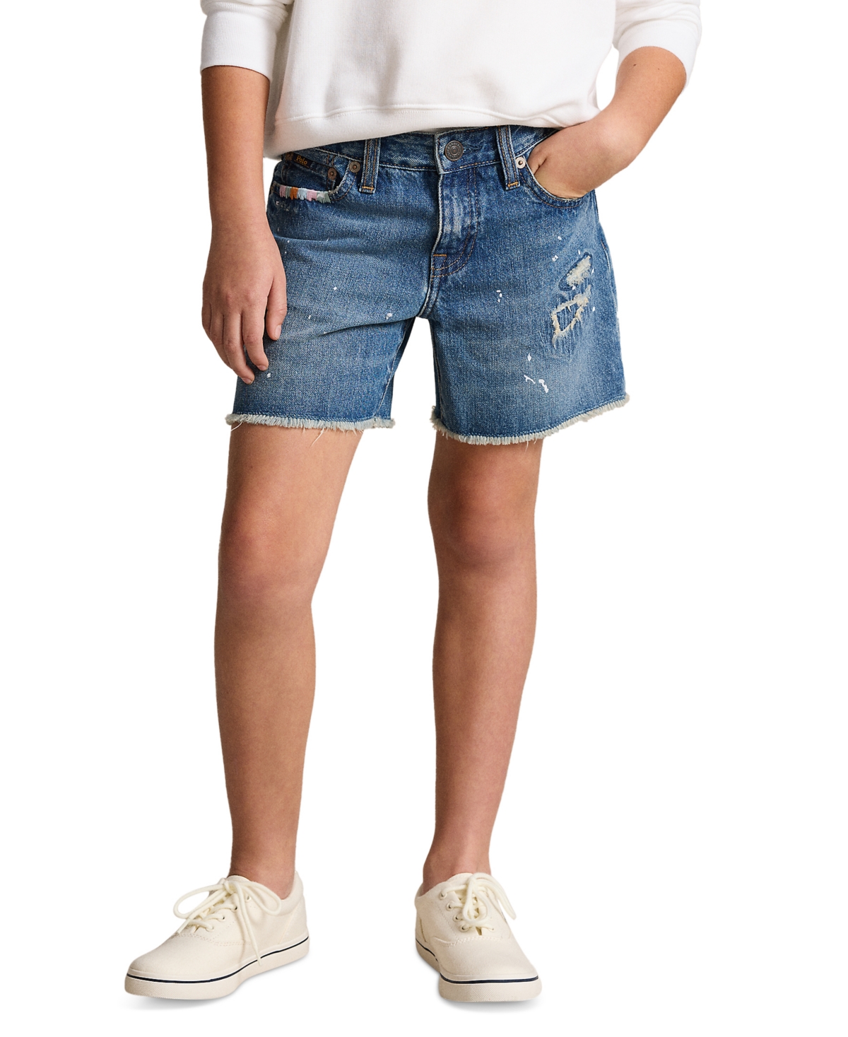 Shop Polo Ralph Lauren Big Girls Paint-splatter-print Cotton Denim Shorts In Bondad Wash