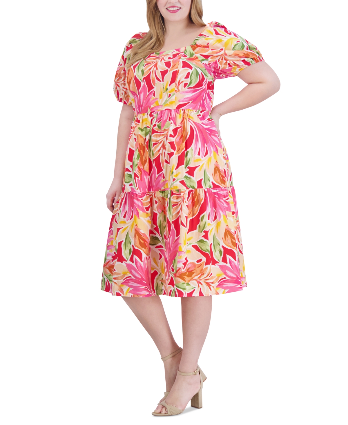 Shop Vince Camuto Plus Size Square-neck Puff-sleeve Fit & Flare Dress In Pink Multi