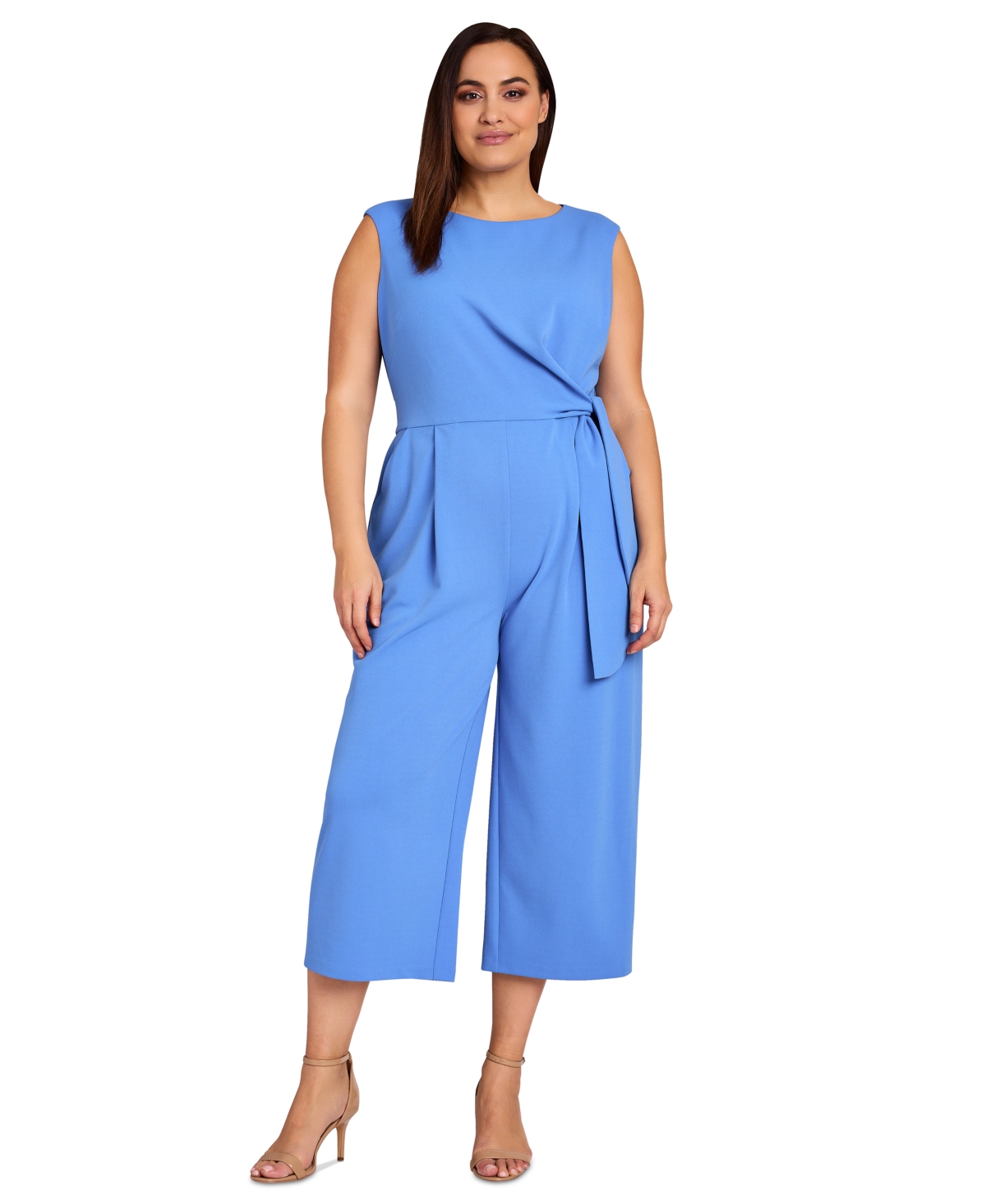 Shop Tahari Plus Size Scuba-crepe Cropped Tie-waist Jumpsuit In Summer Sky