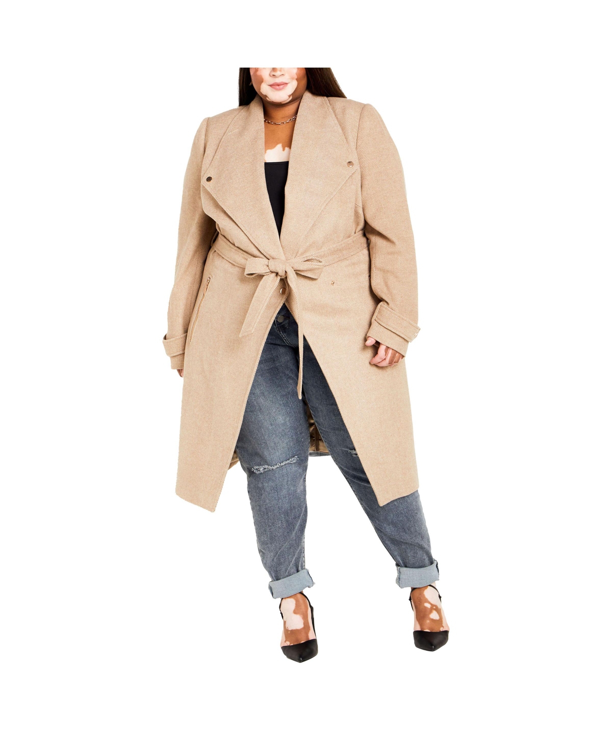 City Chic Plus Size Hi Lo Frill Coat Black Smart Closet