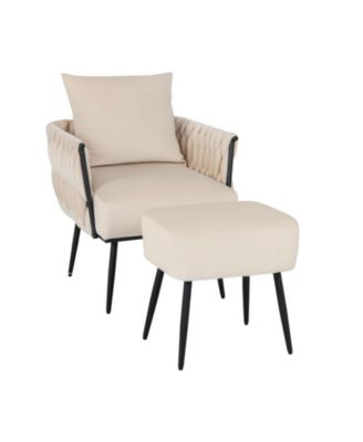 Modern Dutch Velvet Accent Chair and Ottoman Set with Weaved Back and Arms