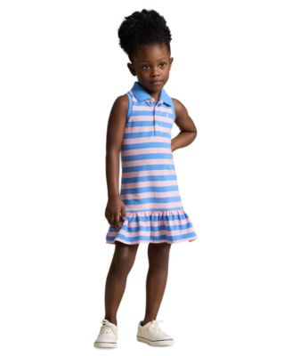 폴로 랄프로렌 Polo Ralph Lauren Toddler and Little Girls Striped Stretch Mesh Polo Dress,Garden Pink, Harbor Island Blue