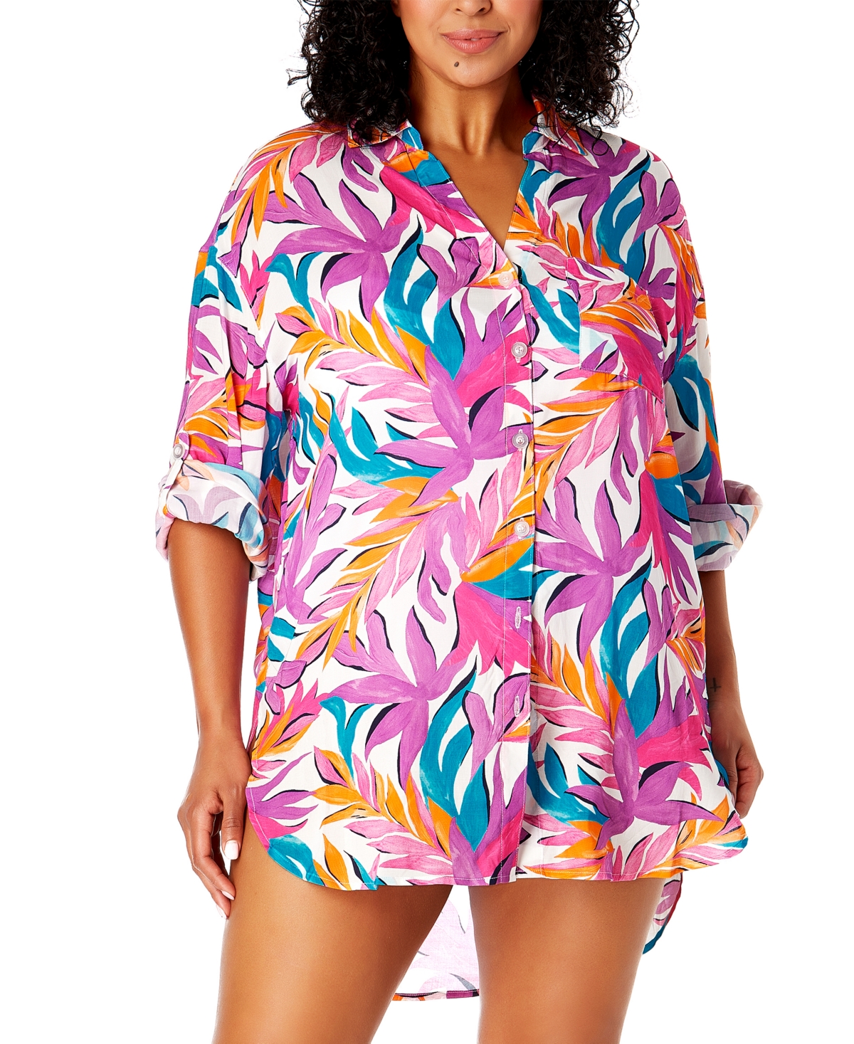 Shop Anne Cole Plus Size Tropical-print Cover-up Shirt In White Print