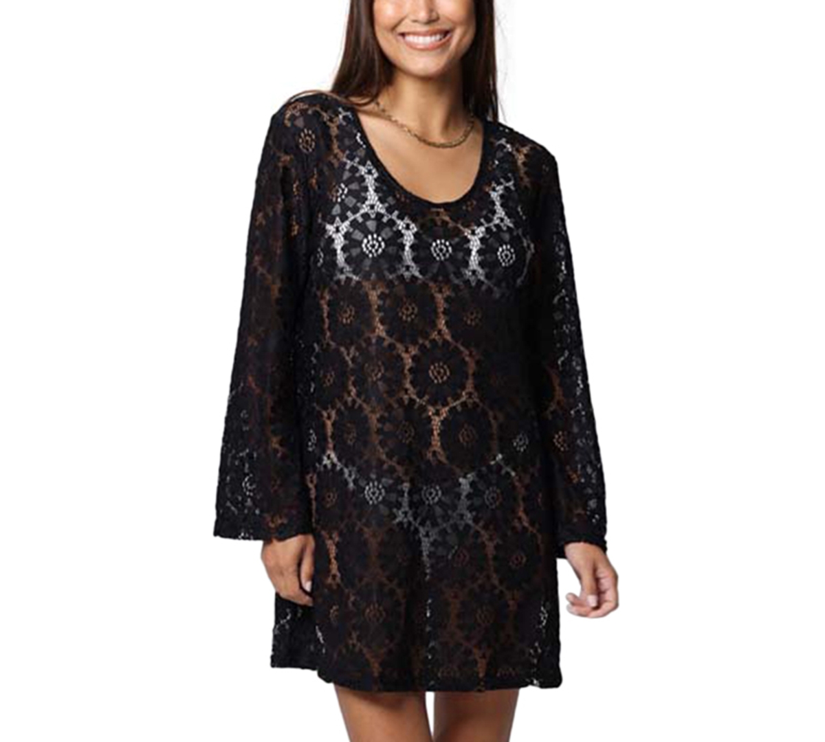 Women's Lace Long-Sleeve Cover-Up Dress - Black