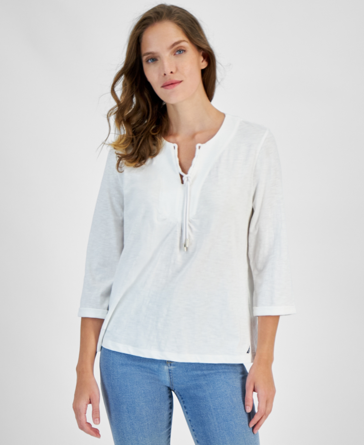 Women's Cotton Lace-Up-Neck 3/4-Sleeve Top - Brt White