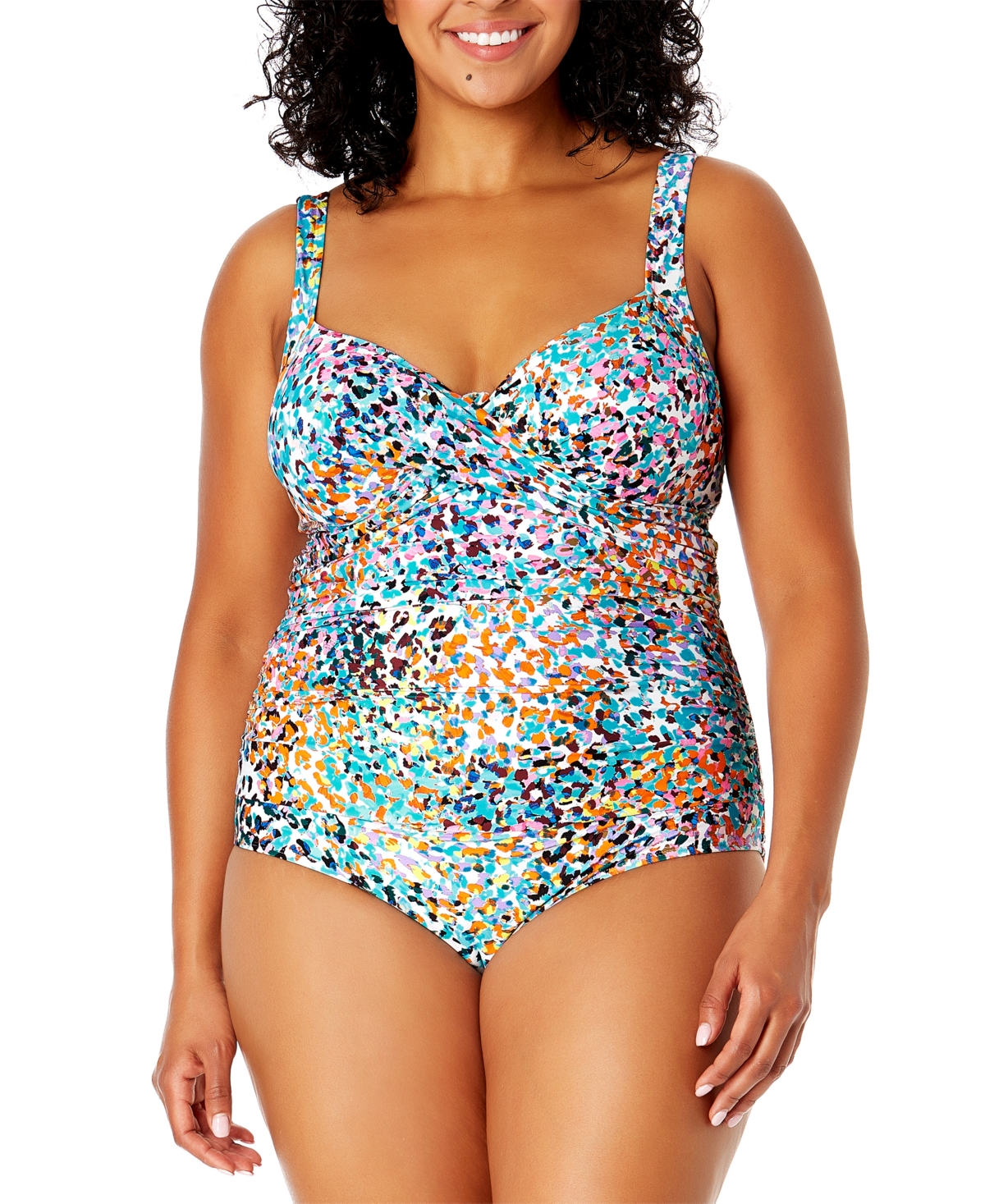 Plus Size Abstract-Print Draped-Front One-Piece Swimsuit - Multi Color