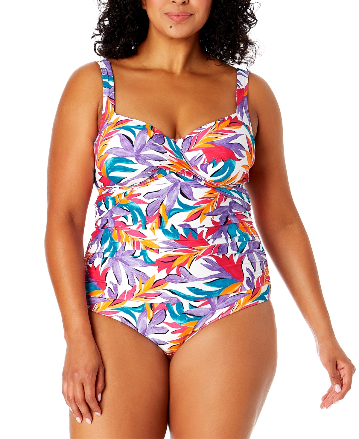 Plus Size Printed Shirred One-Piece Swimsuit - White Print