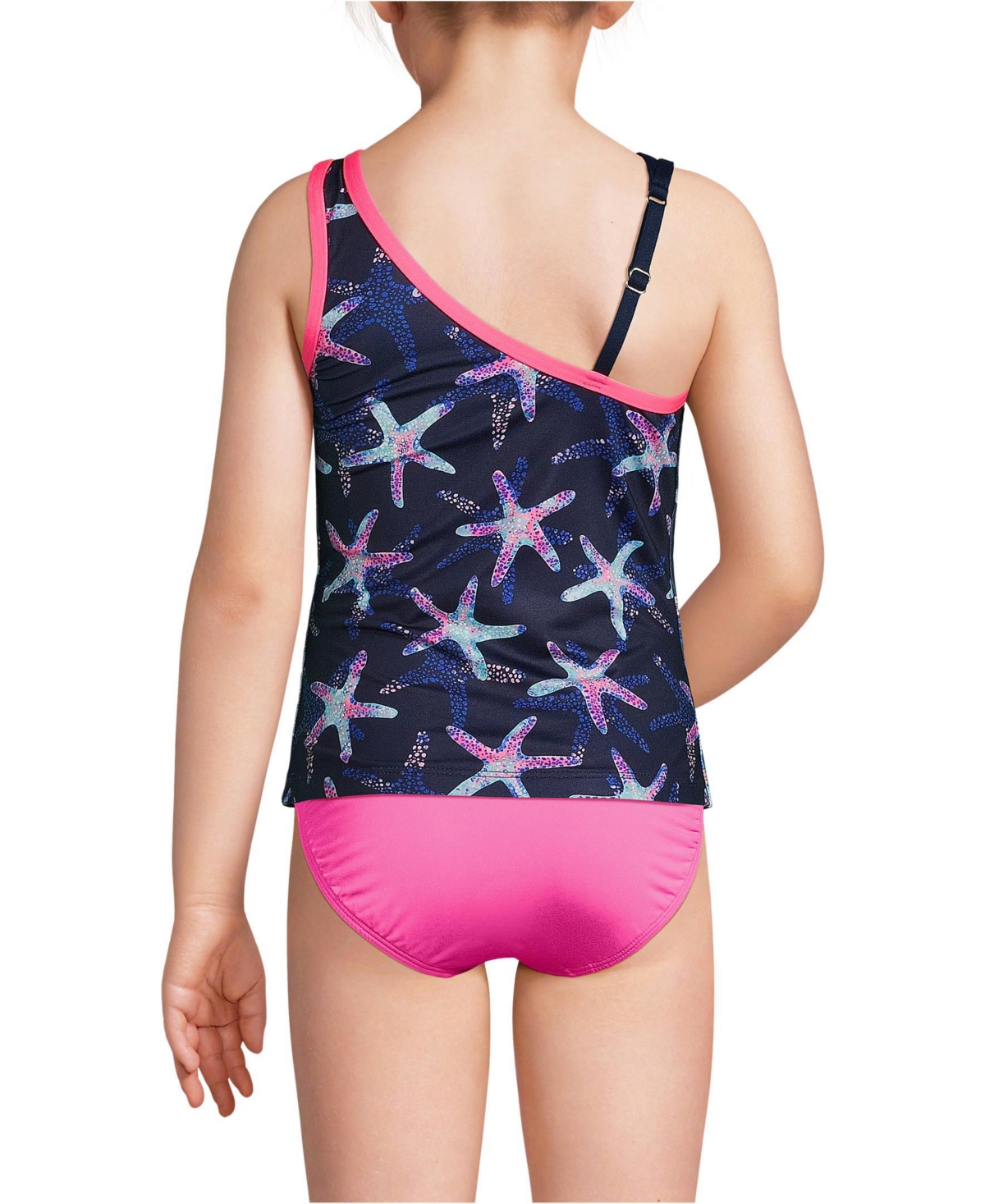 Lands' End Girls Chlorine Resistant One Shoulder with Strap Tankini Top Swimsuit -pink starfish