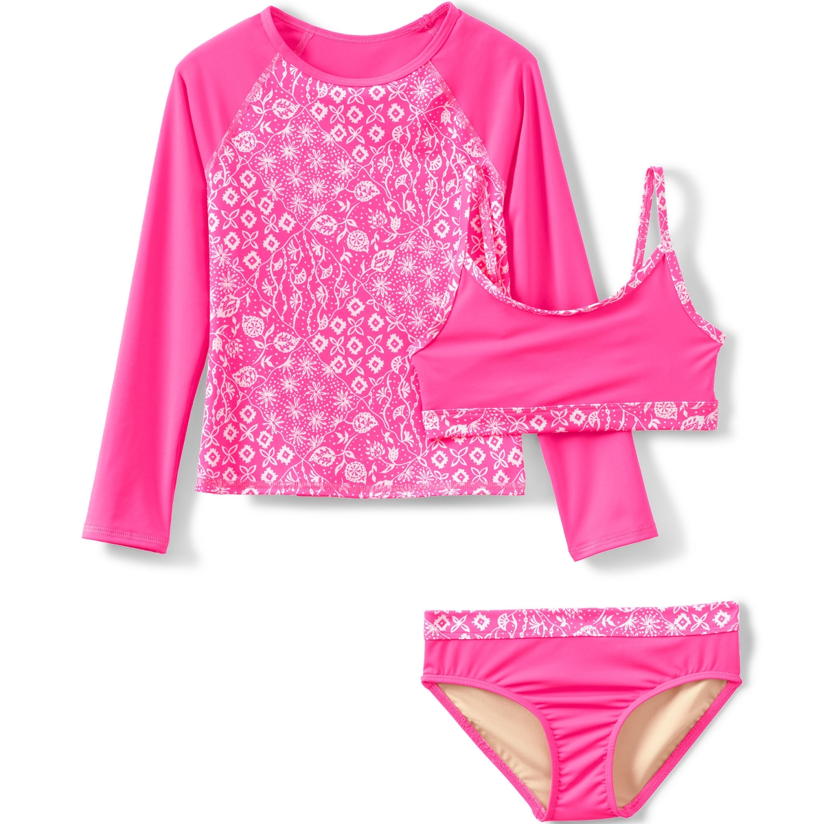 Lands' End Big Girls Plus Chlorine Resistant Rash Guard Swim Top Bikini Top and Bottoms Upf 50 Swimsuit Set