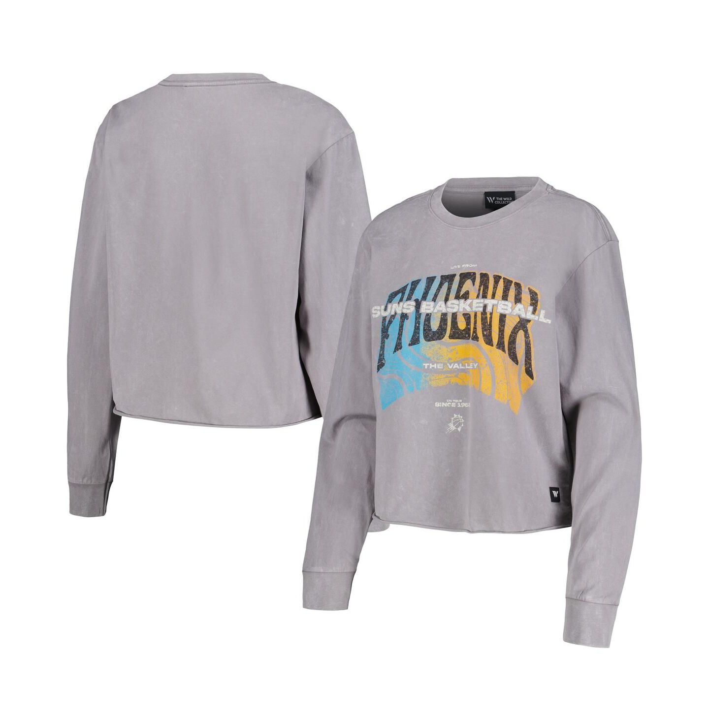 Женская футболка The Wild Collective Gray Distressed Phoenix Suns Band Cropped Long Sleeve — фото 1