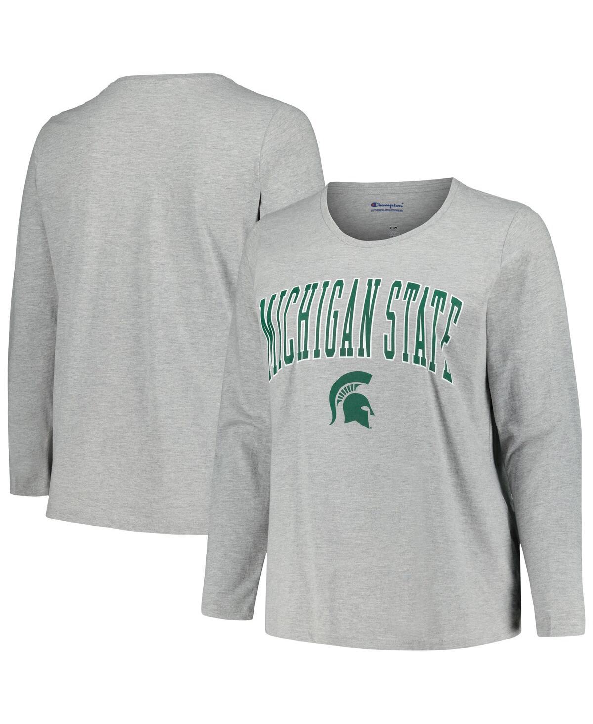 Women's Profile Heather Gray Michigan State Spartans Plus Size Arch Over Logo Scoop Neck Long Sleeve T-shirt - Heather Gray