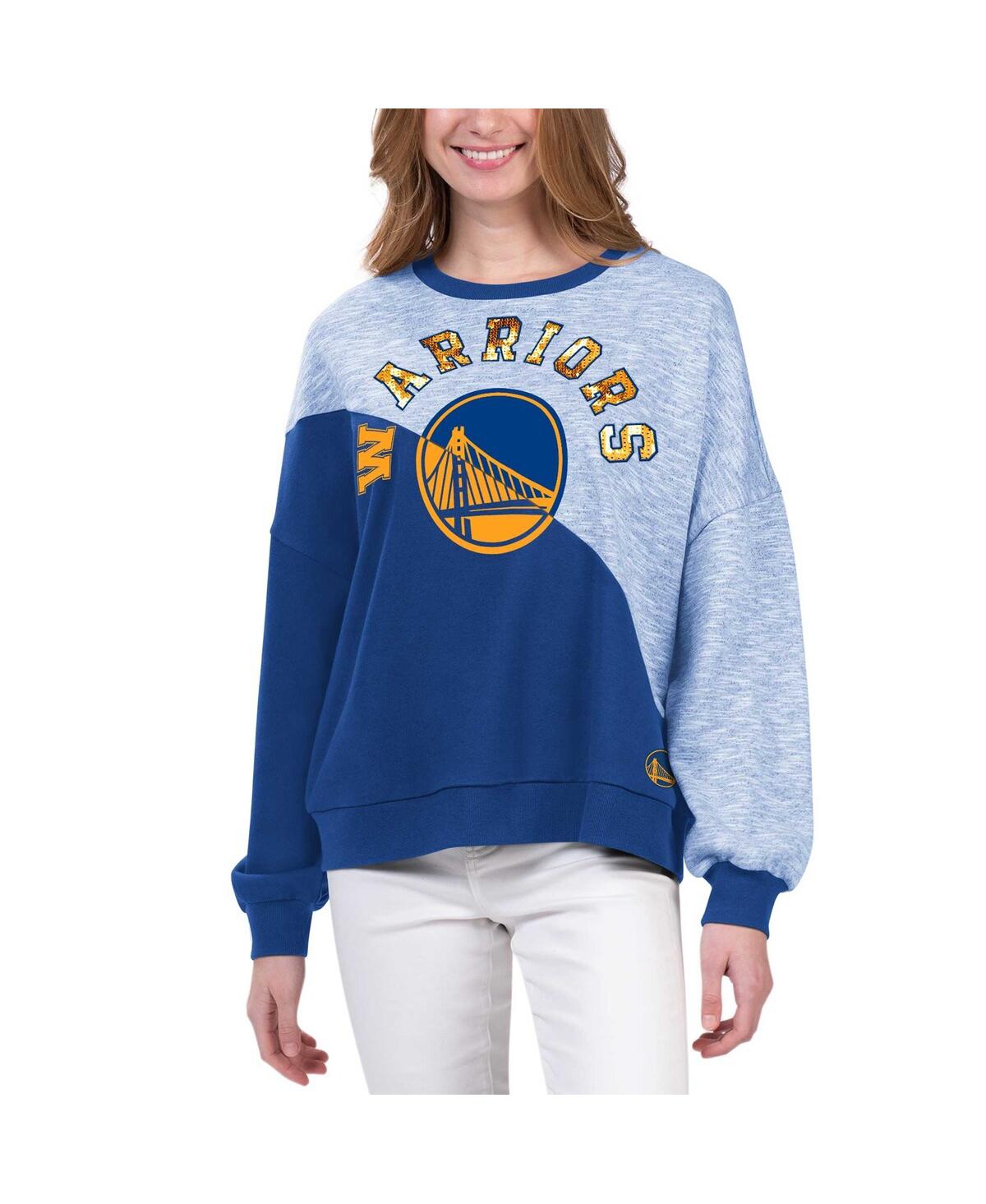 G-III 4HER BY CARL BANKS WOMEN'S G-III 4HER BY CARL BANKS ROYAL GOLDEN STATE WARRIORS BENCHES SPLIT PULLOVER SWEATSHIRT