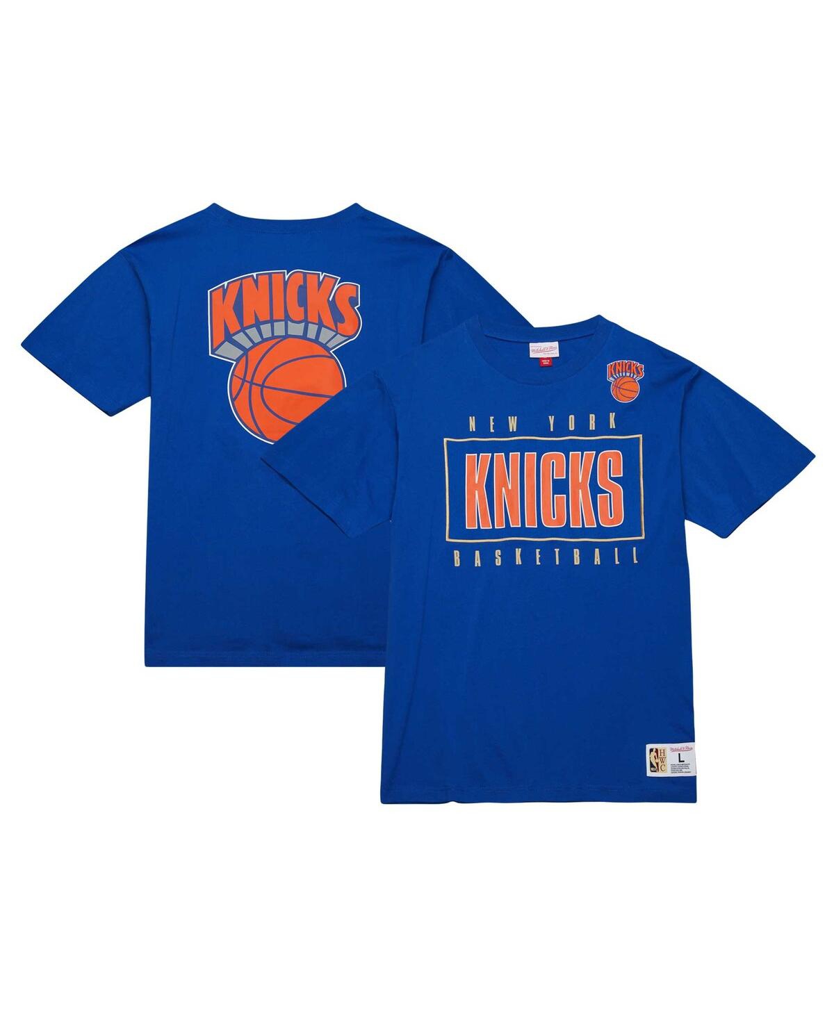 Men's Mitchell & Ness Blue Distressed New York Knicks Hardwood Classics Team Og 2.0 Premium Vintage-Like Logo T-shirt - Blue