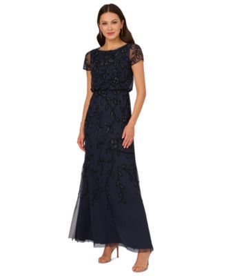 Women's Floral Bead Embellished Blouson Short-Sleeve Gown