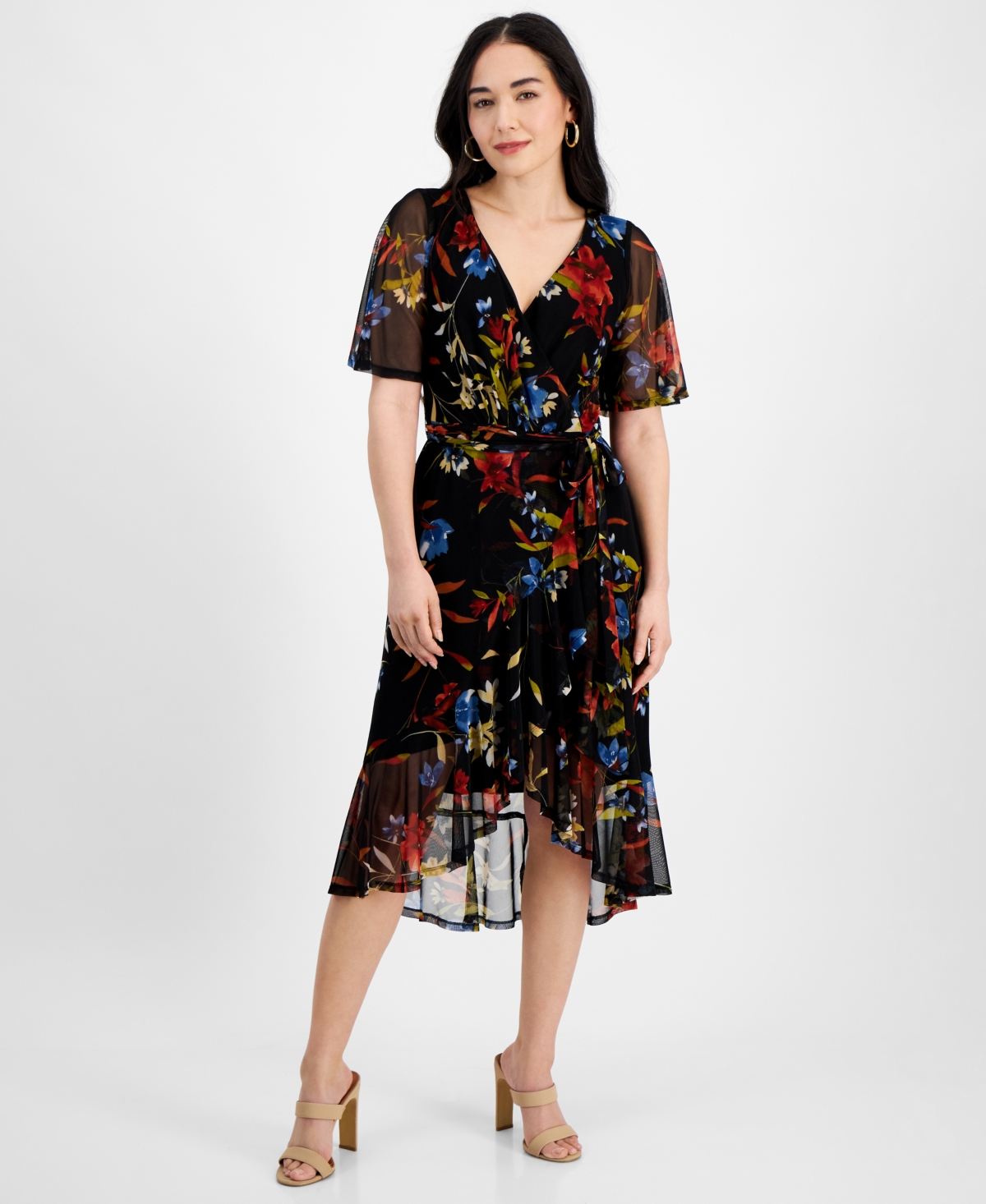 Shop Connected Petite Floral High-low Wrap Sheath Dress In Spice