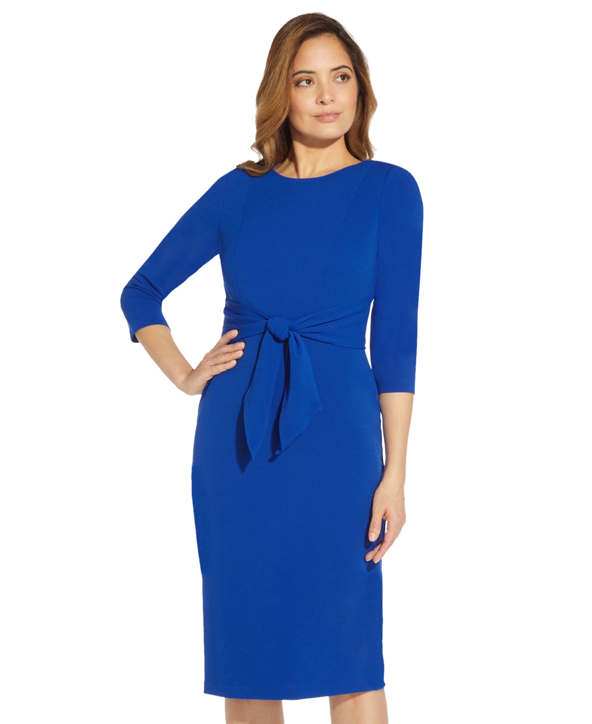 Shop Adrianna Papell Women's Tie-front 3/4-sleeve Crepe Knit Dress In Blue Coast