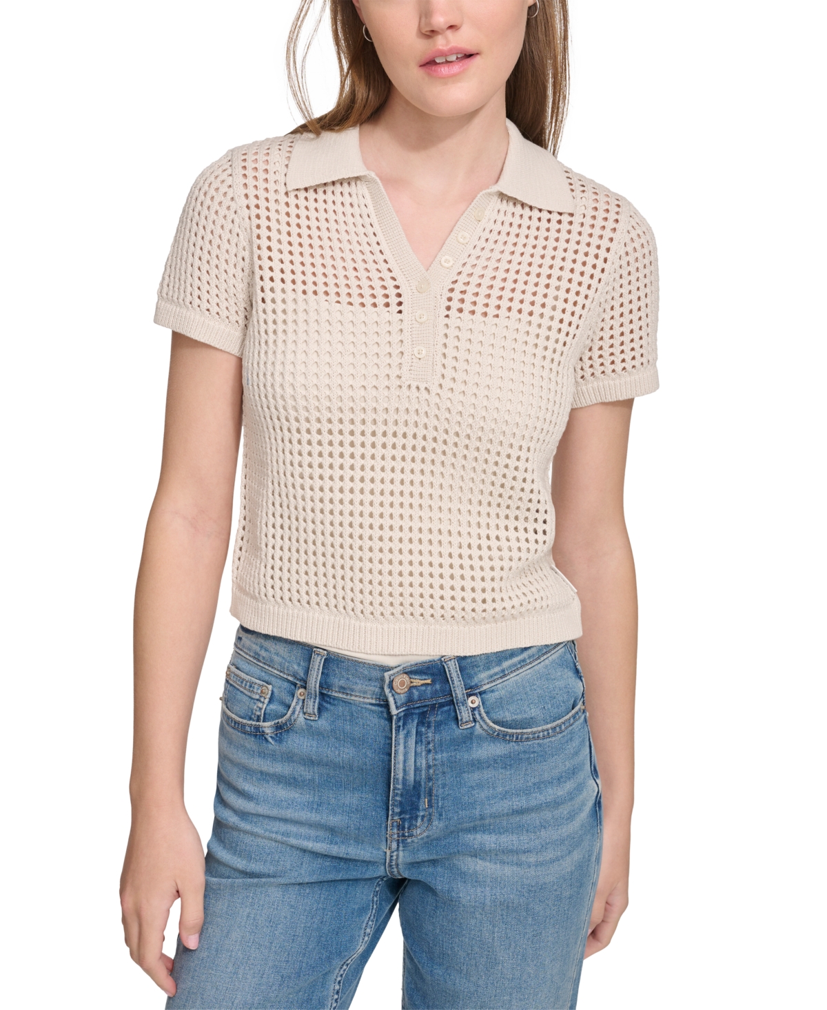 Shop Calvin Klein Jeans Est.1978 Petite Cotton Open-stitch Polo Shirt In Birch