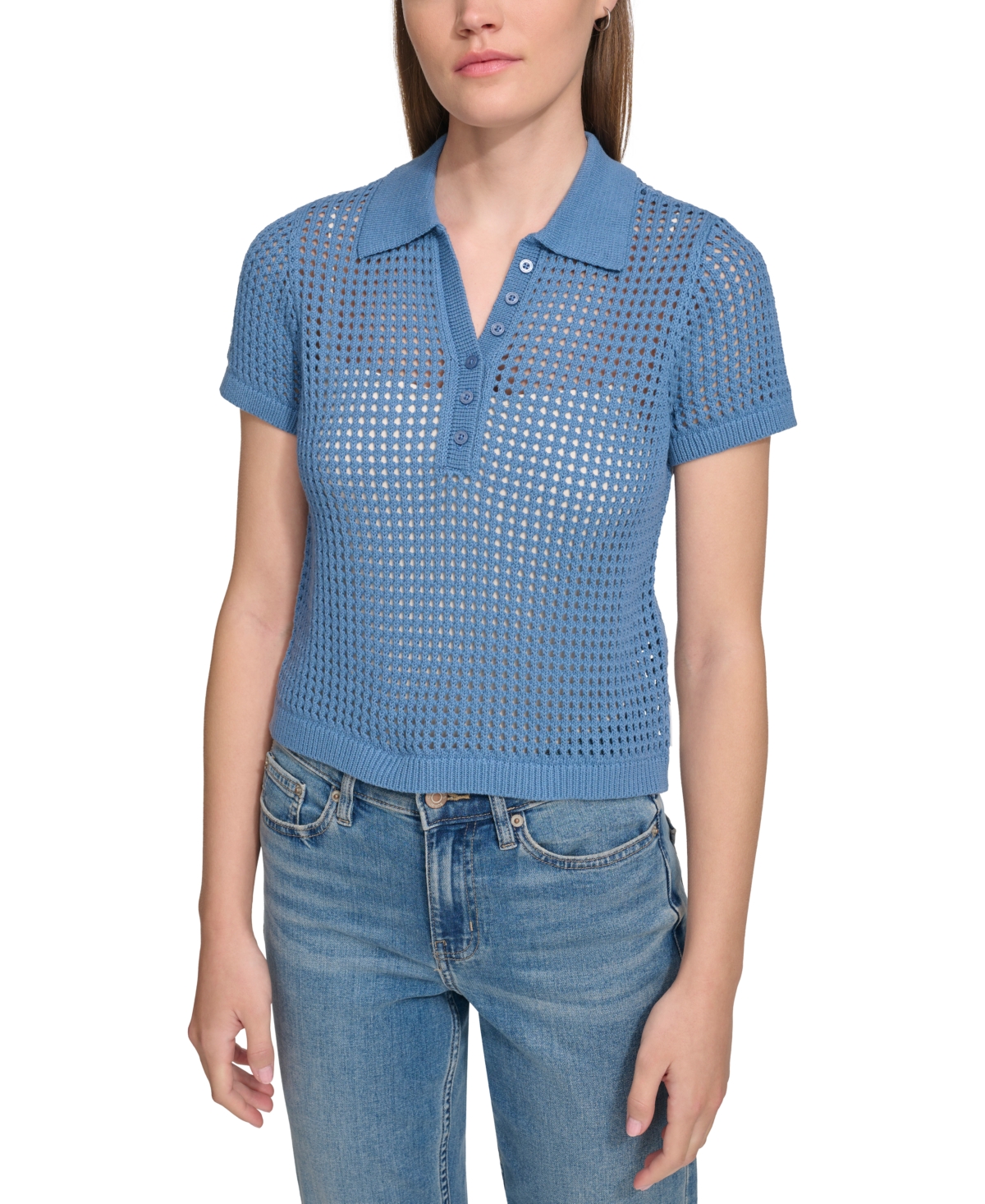 Calvin Klein Jeans Est.1978 Petite Cotton Open-stitch Polo Shirt In Stormy Blue