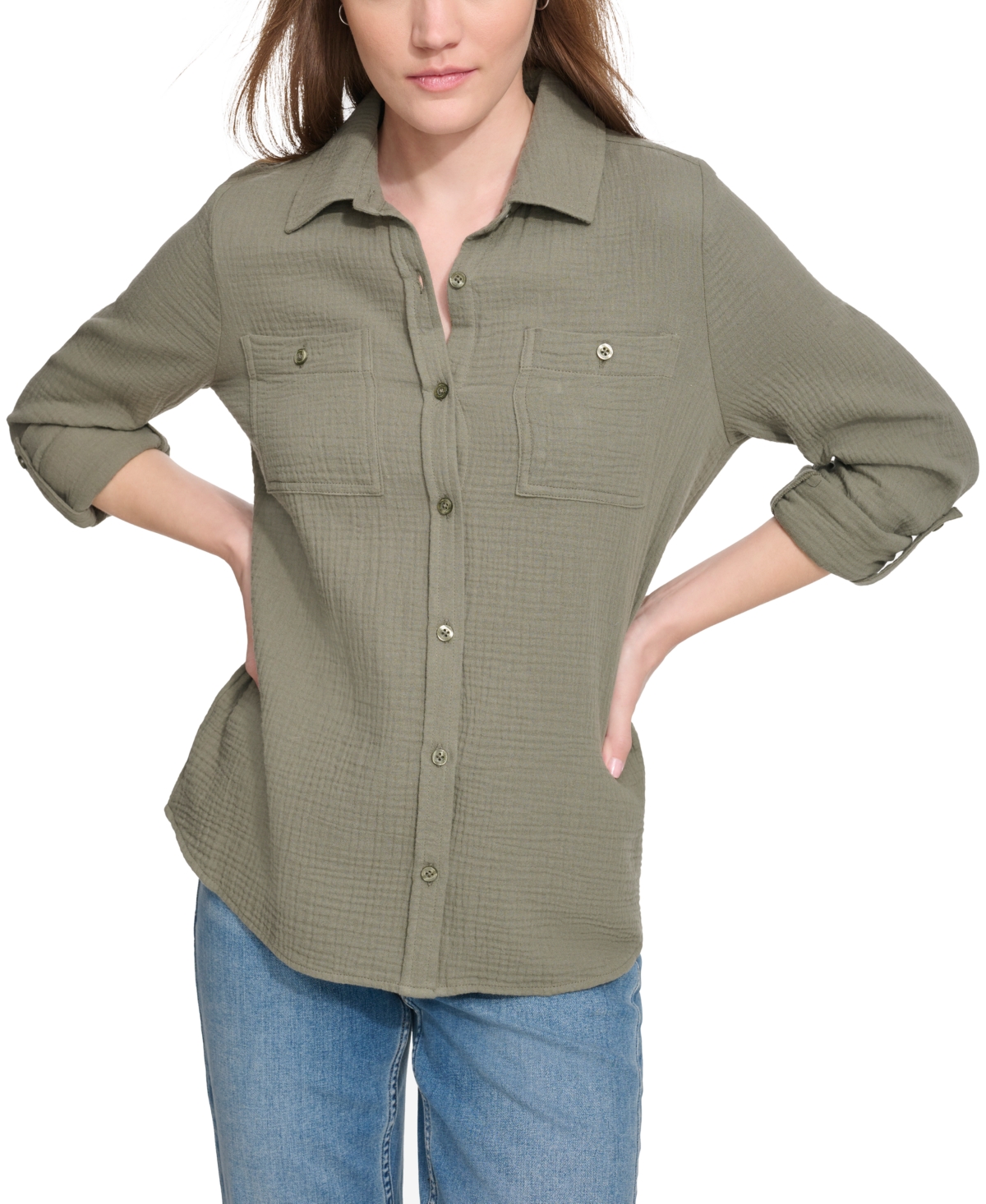 Calvin Klein Jeans Est.1978 Petite Cotton Button-front Roll-sleeve Shirt In Dusty Olive