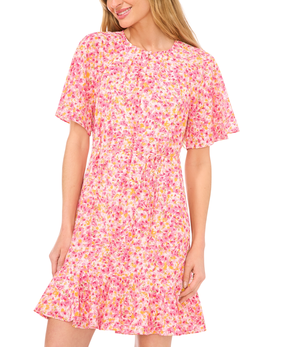 Shop Cece Women's Floral Print Tie Waist Fluted Hem Pleat Neck Skater Dress In New Ivory