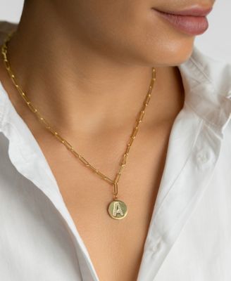 Tarnish Resistant 14K Gold Plated Pave Crystal Initial Disc Paperclip Necklace