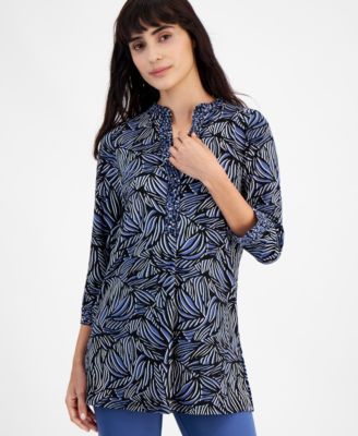 Anne Klein - Women's Printed Band-Collar Tunic Top