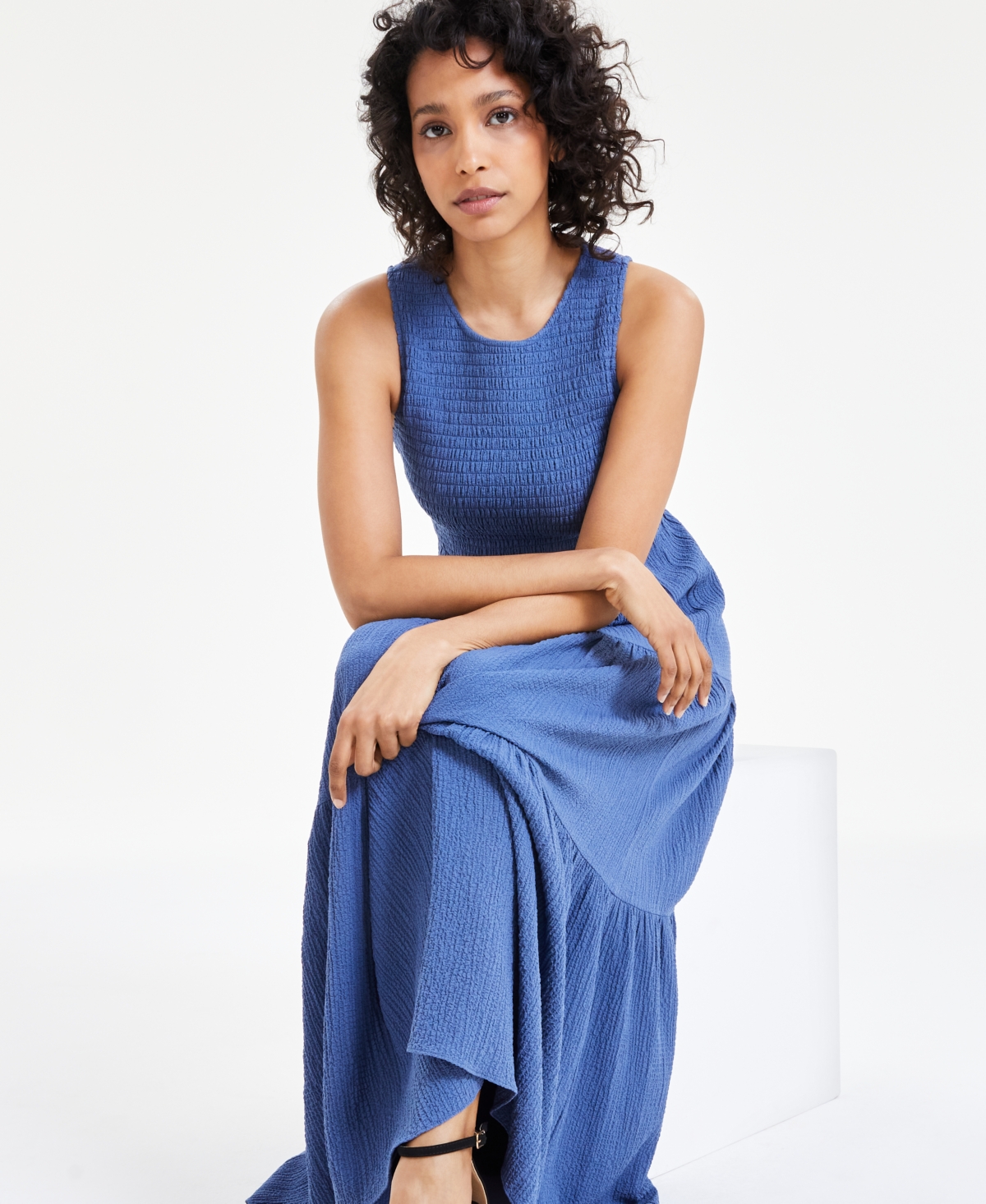 Shop Anne Klein Women's Smocked Bodice Maxi Dress In Blue Jay