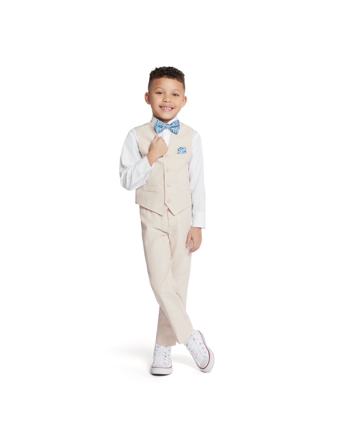 Nautica Little Boys Machine Washable Natural-Linen-Look Vest, Shirt, Pants, Bowtie and Pocket Square, 5 Piece Set